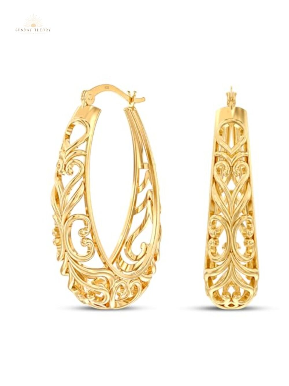 925 Sterling Silver Filigree Hoop Earrings Women's Openwork Mesh Latch Back